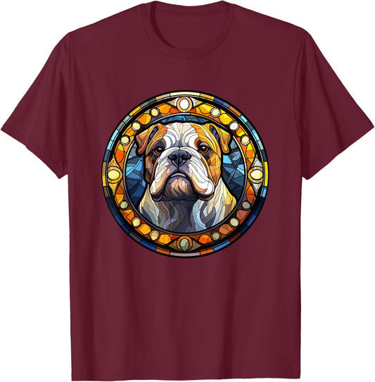Bulldog Stained Glass Leadlight Artistic Design T-Shirt - T-Shirt | Maroon