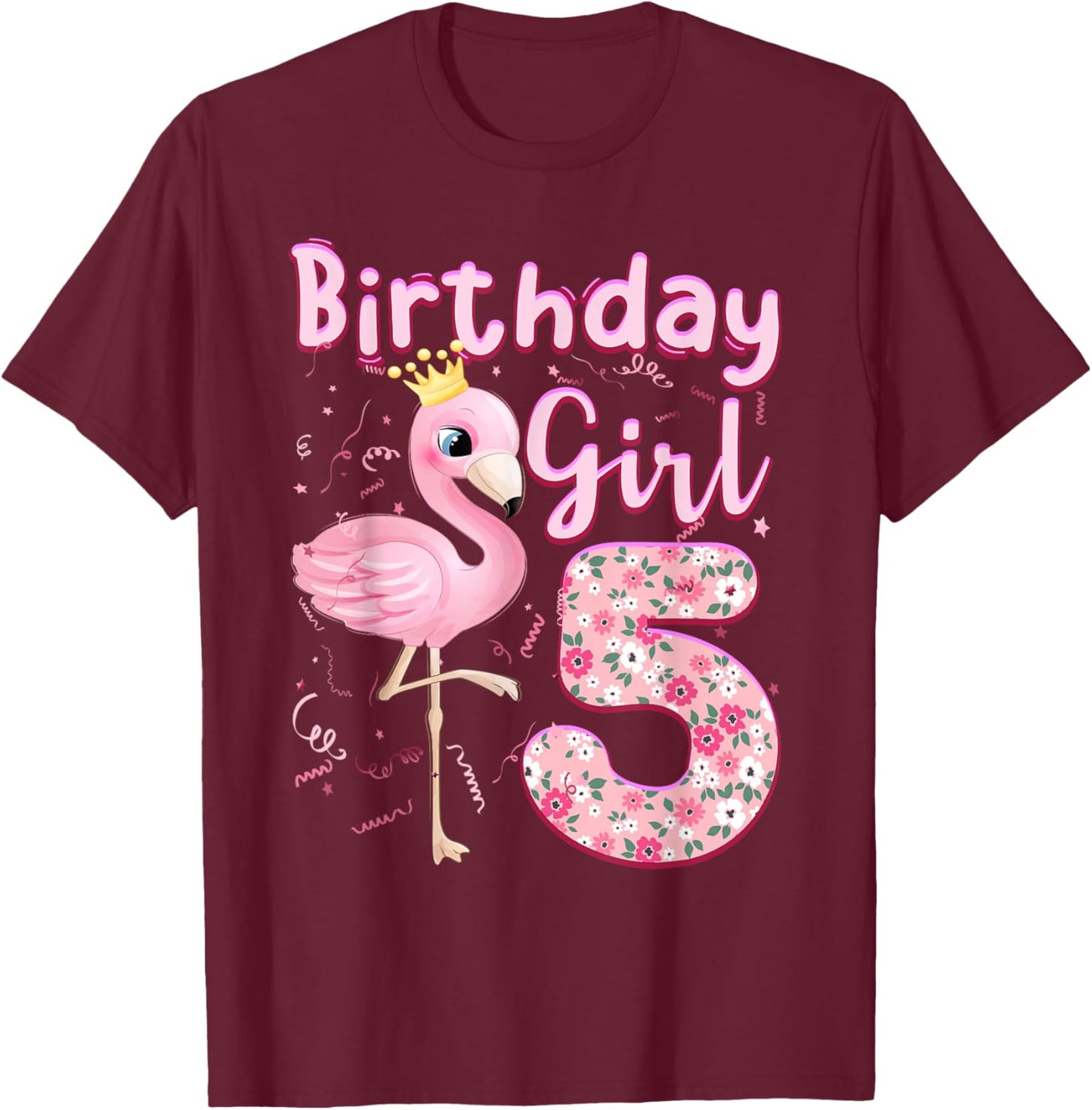 5th Birthday Girls Flamingo 5 Years Old Tropical Flamingo T-Shirt - T-Shirt | Maroon