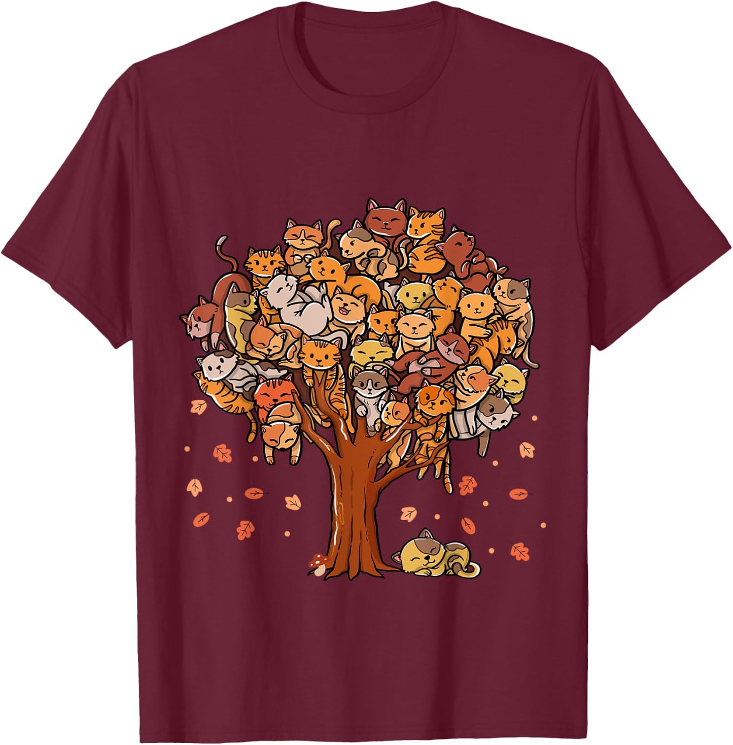 Autumn Tree Kittens Family Of Cats Fall Season Leaves T-Shirt - T-Shirt | Maroon
