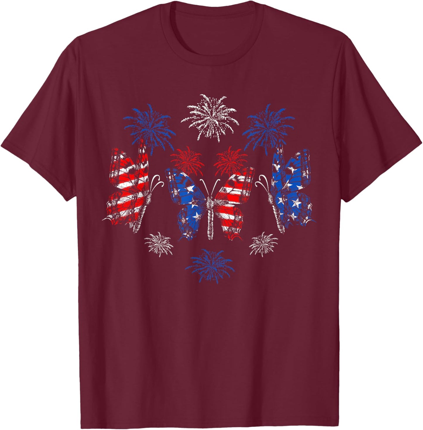 Butterfly USA Flag Cute 4th of July Fireworks Patriotic T-Shirt - T-Shirt | Maroon