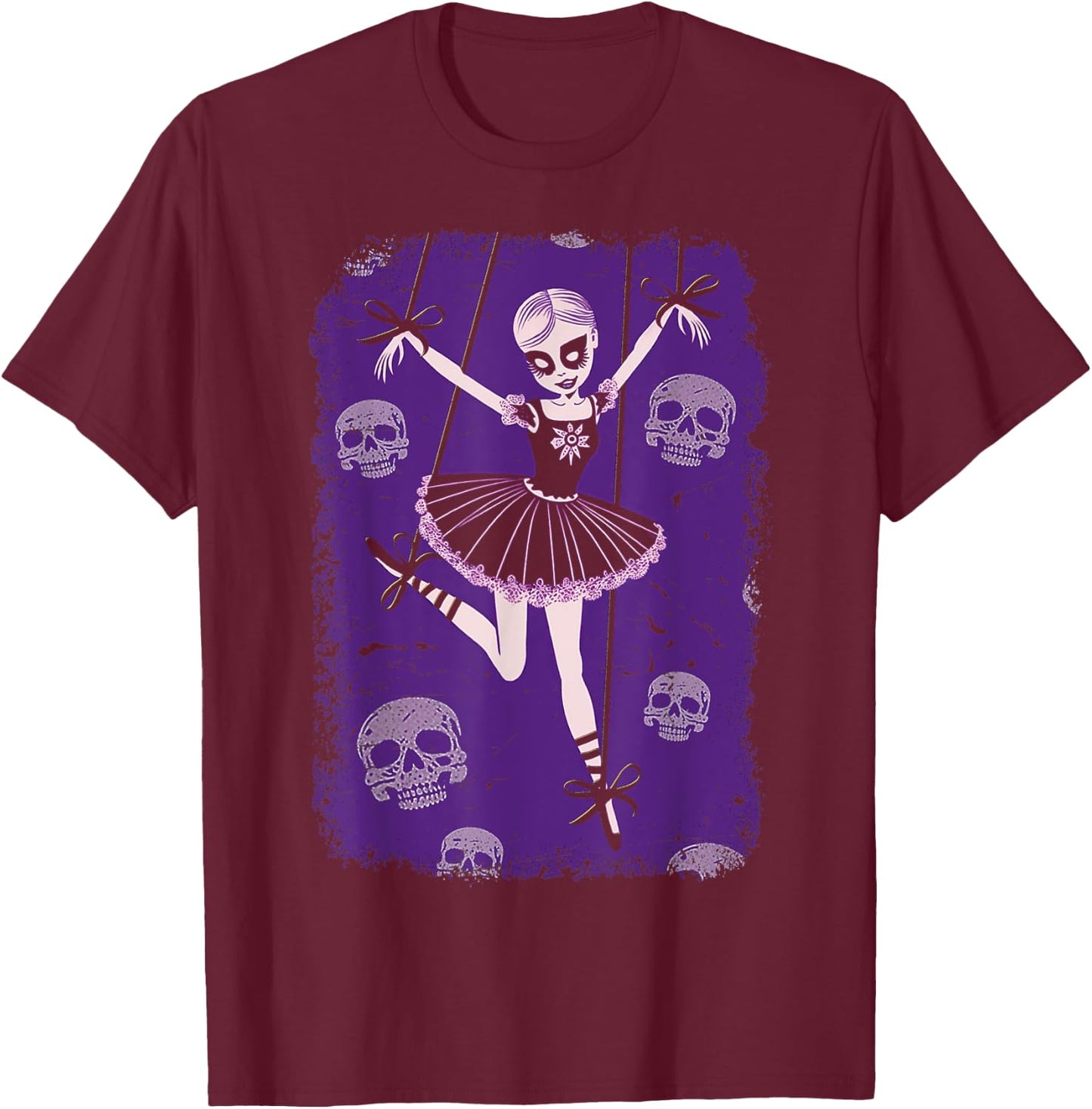 Creepy Cute Ballerina Punk Goth Marionette Doll With Skulls T-Shirt - T-Shirt | Maroon