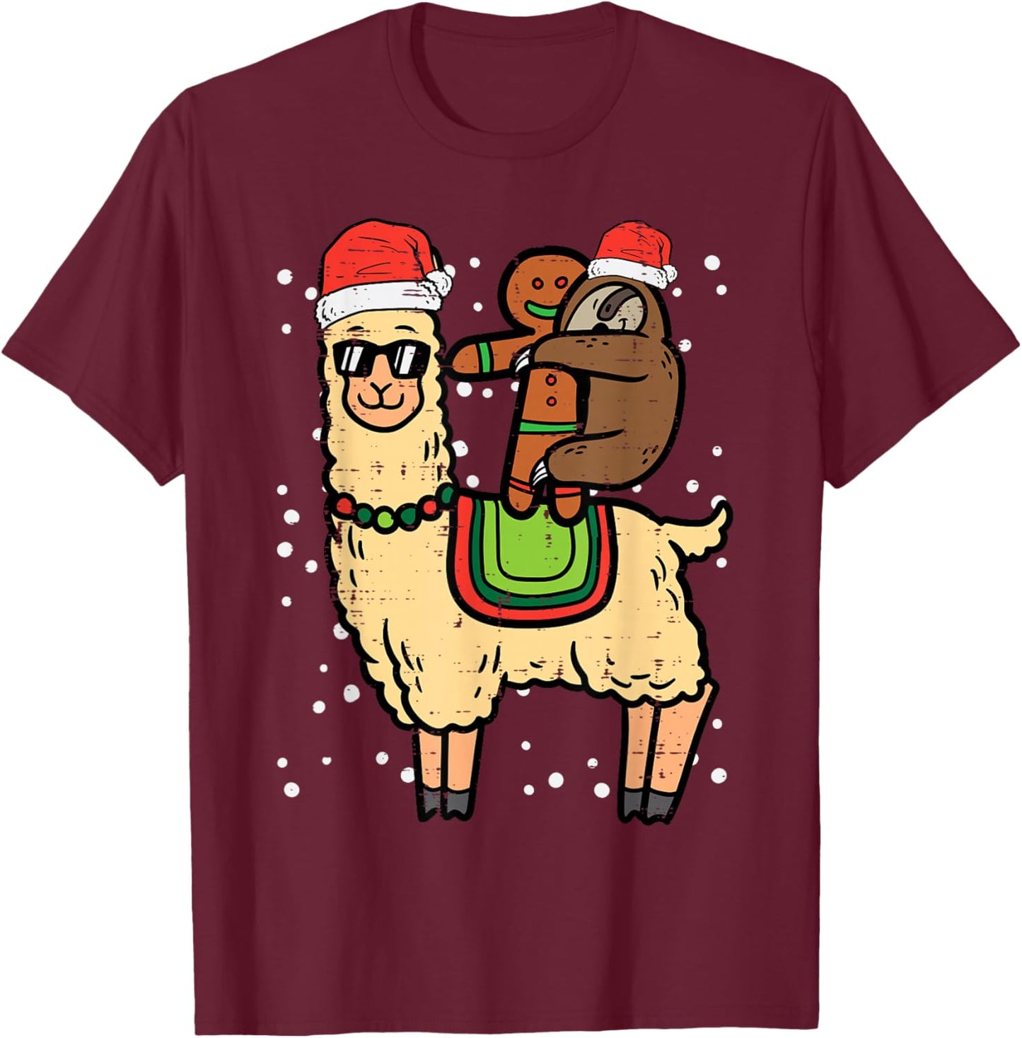 Christmas Sloth Gingerbread Riding Llama Xmas Men Women Kids T-Shirt - T-Shirt | Maroon