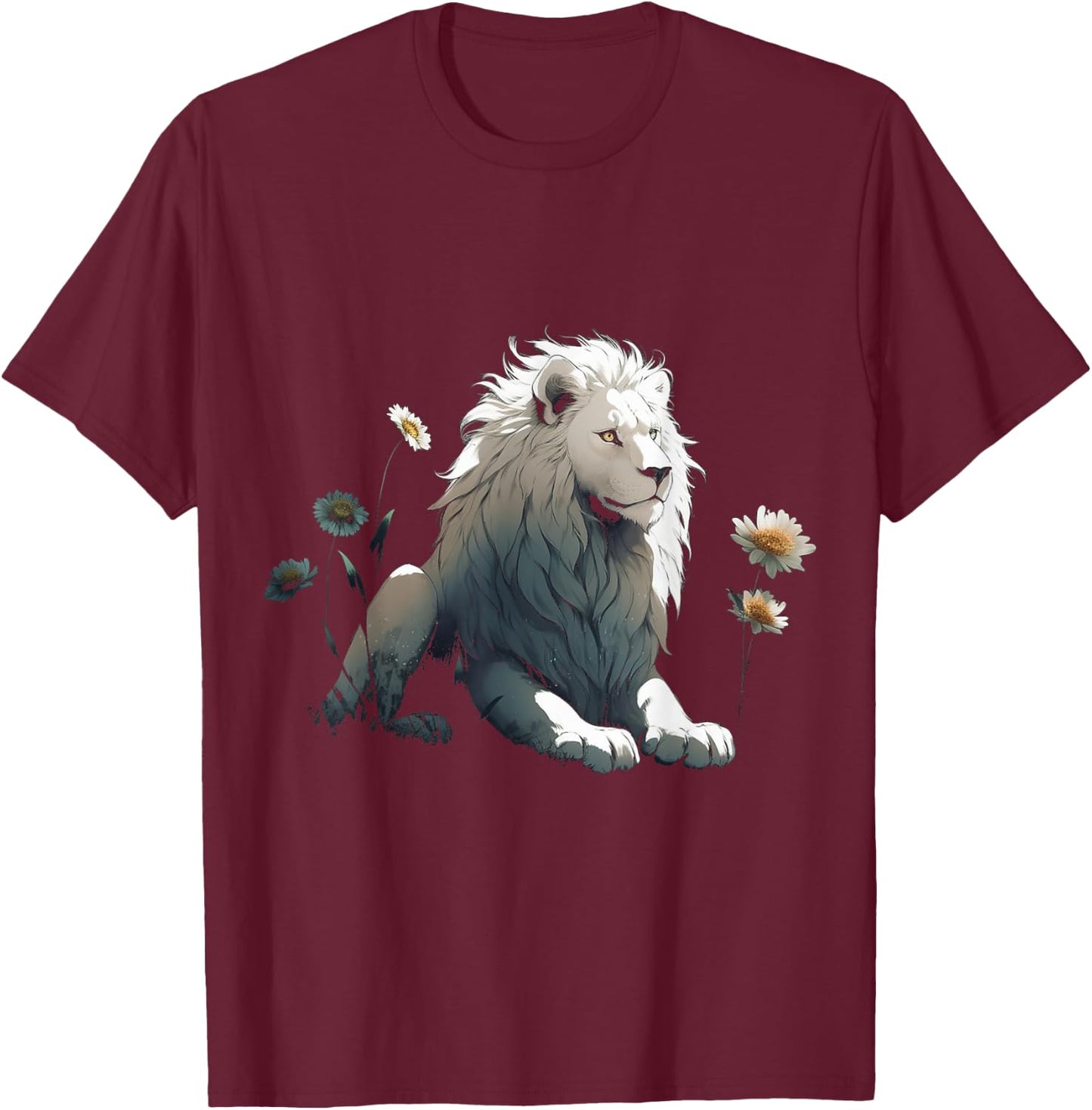 White Lion Flower Art - Animal Motif Zoo Lion T-Shirt - T-Shirt | Maroon