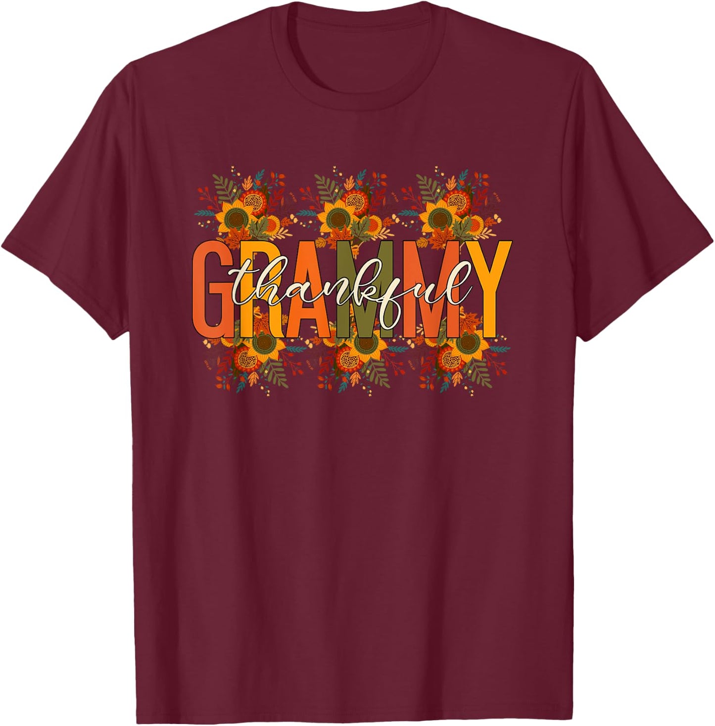 Floral Thankful Grammy Fall Leaves Autumn Thanksgiving T-Shirt - T-Shirt | Maroon
