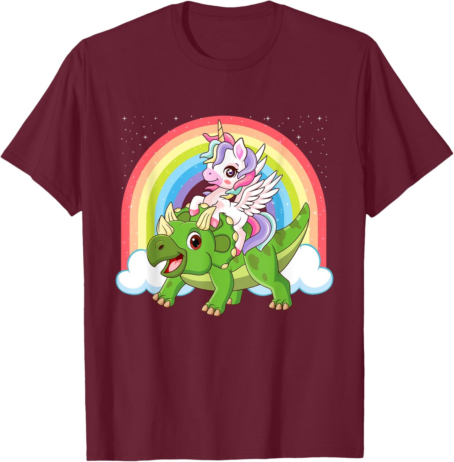 Magical Unicorn And Triceratops - Dinosaur Lover T-Shirt - T-Shirt | Maroon