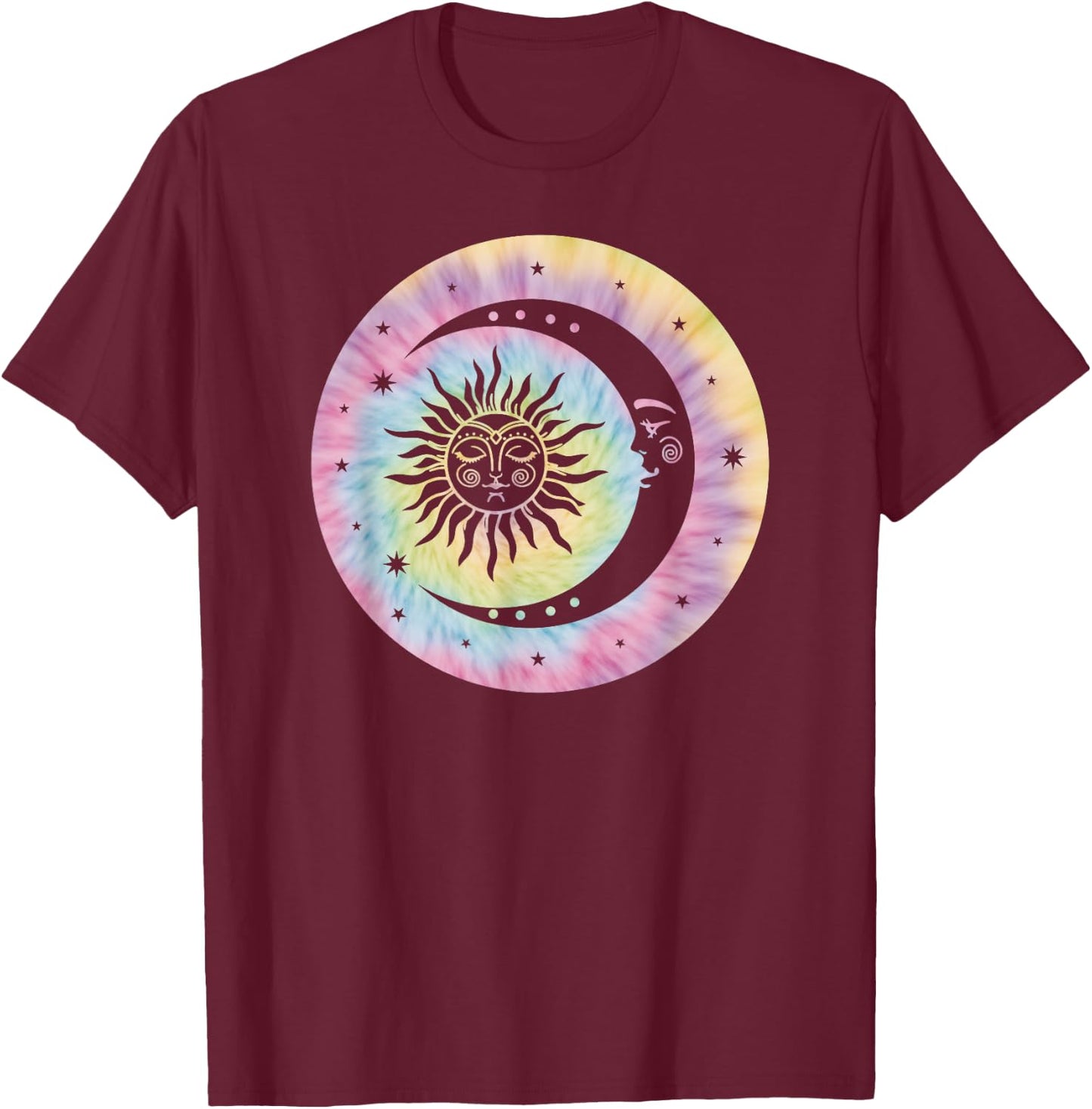 Boho Tie Dye Hippie Retro Moon Sun Stars Celestial T-Shirt - T-Shirt | Maroon