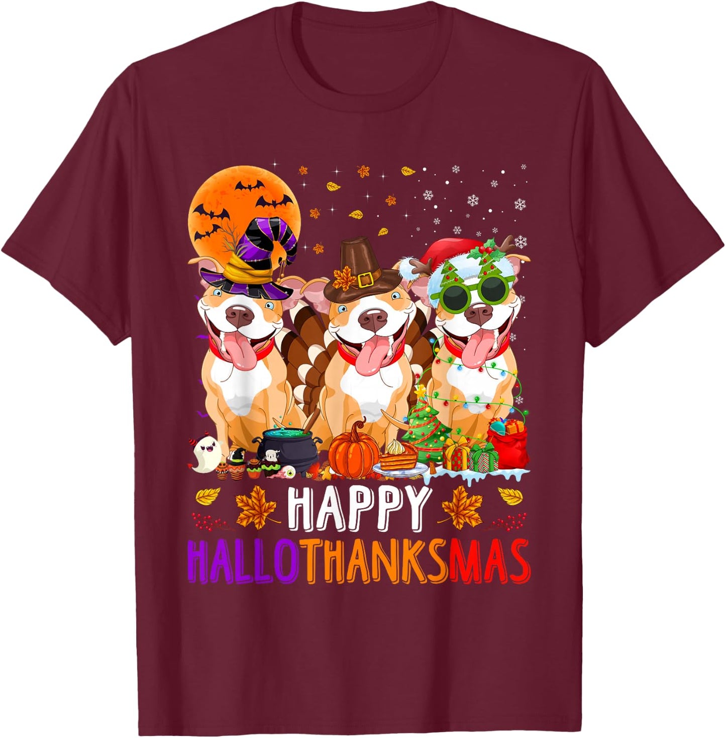 Happy Hallothanksmas Pitbull Dog Halloween Christmas T-Shirt - T-Shirt | Maroon