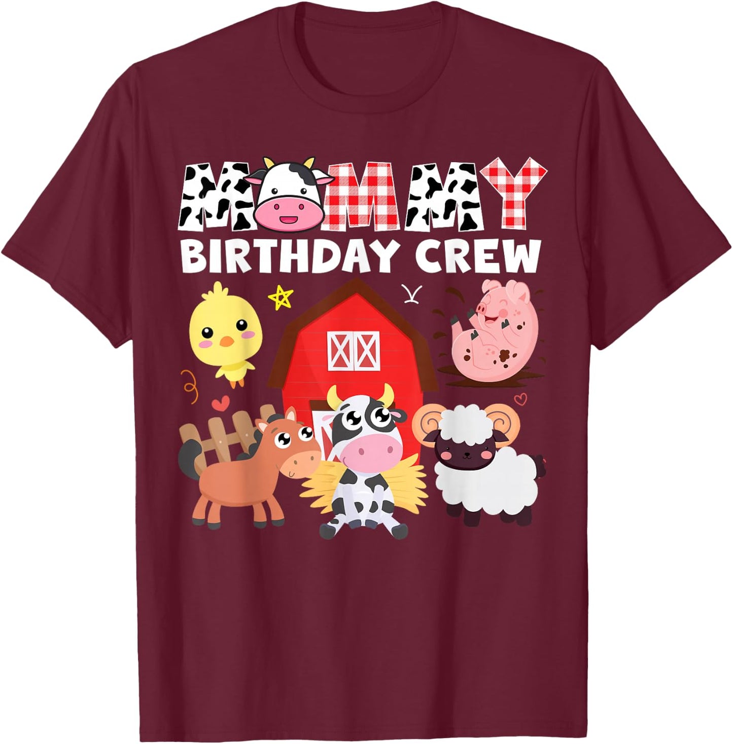 Cow Mommy Birthday Crew Farm Theme Animals Birthday Party T-Shirt - T-Shirt | Maroon