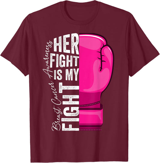 Her Fight Is My Fight Breast Cancer Awareness Boxing Glove T-Shirt - T-Shirt | Maroon
