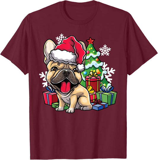 French Bulldog Christmas Santa Hat Xmas Dog Lover Gift Women Kids T-Shirt - T-Shirt | Maroon