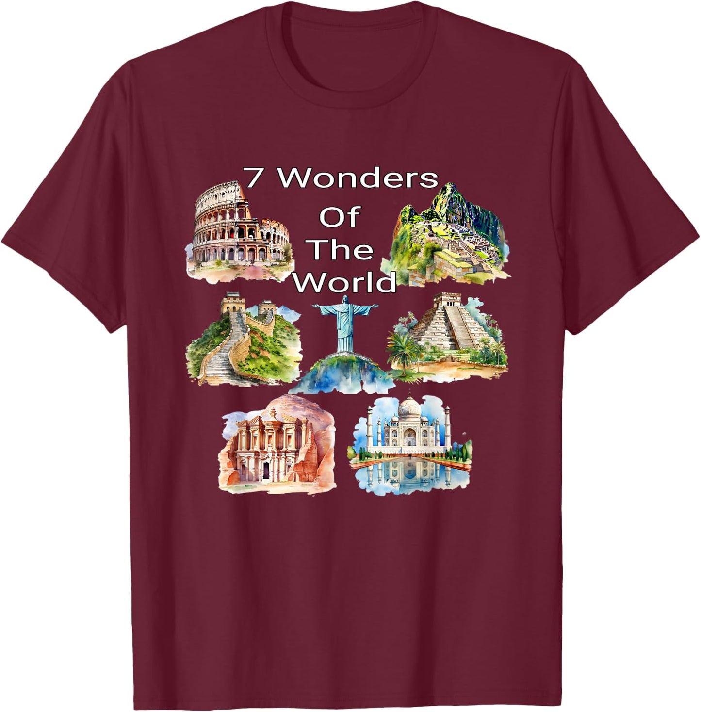 7 Wonders of the World - Travel Enthusiast Design T-Shirt - T-Shirt | Maroon