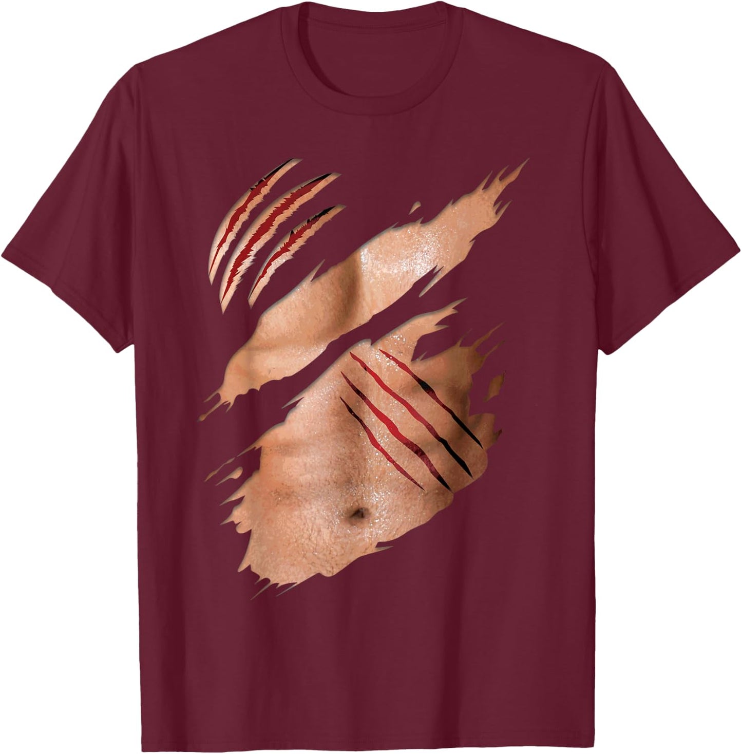 Funny Fake Six Pack Abs Buff Body Claw Scratches Costume T-Shirt - T-Shirt | Maroon