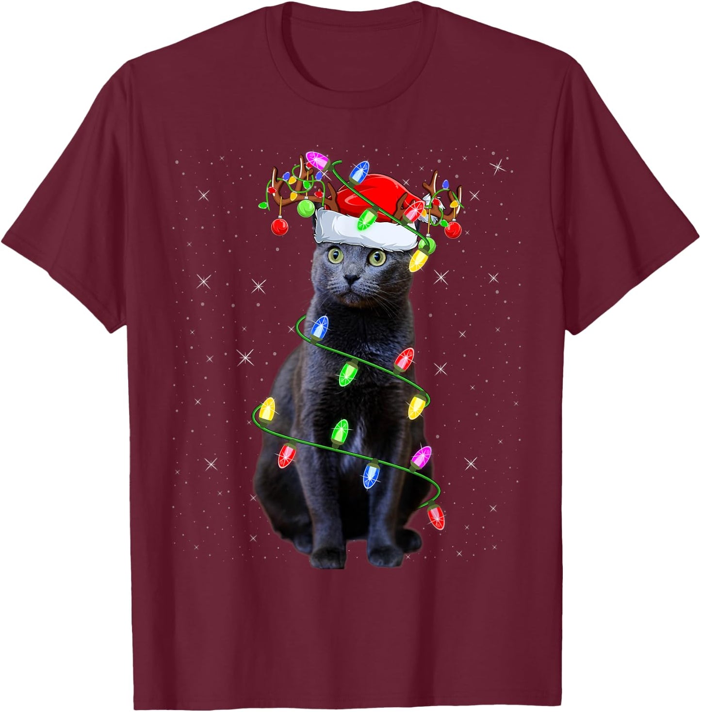 Cat Lover Xmas Lighting Santa Russian Blue Cat Christmas Women Kids T-Shirt - T-Shirt | Maroon