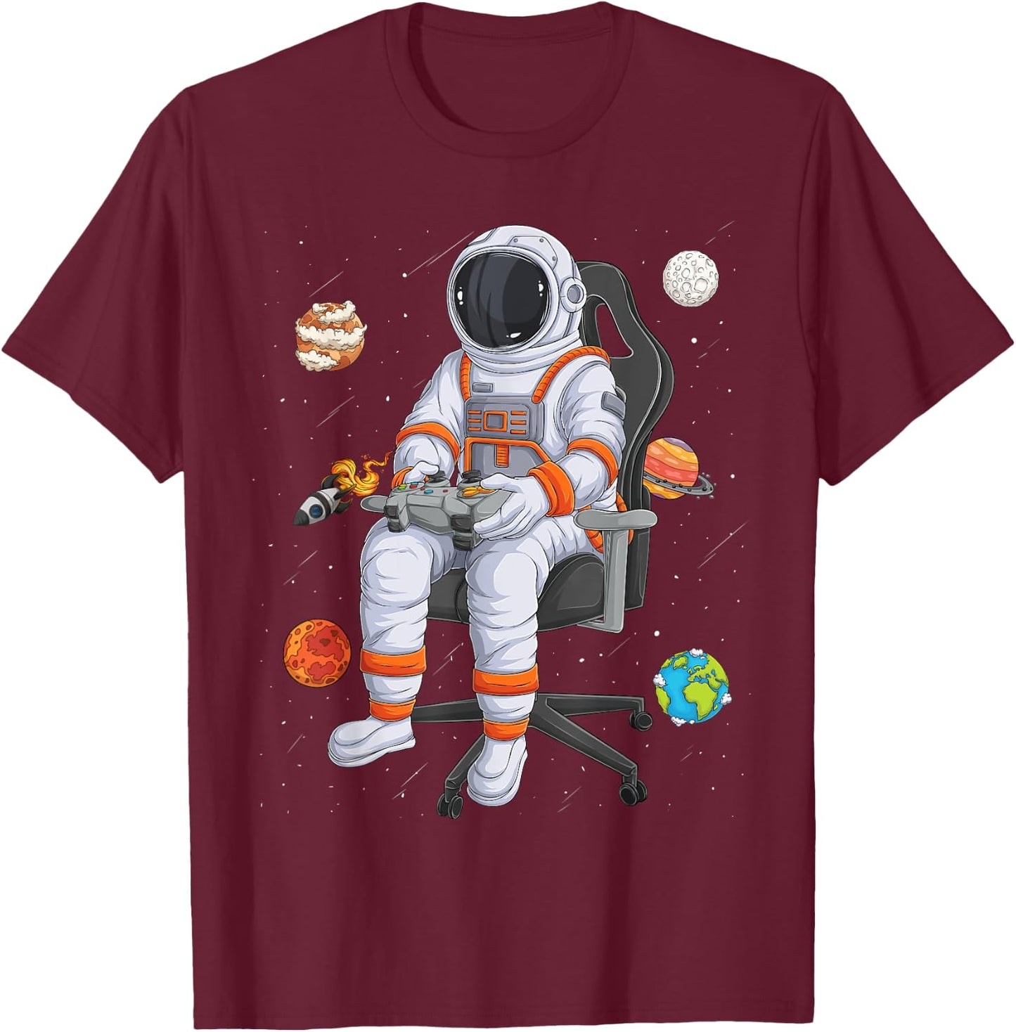 Astronaut Gamer Outer Space Men kids Gaming System Planets T-Shirt - T-Shirt | Maroon