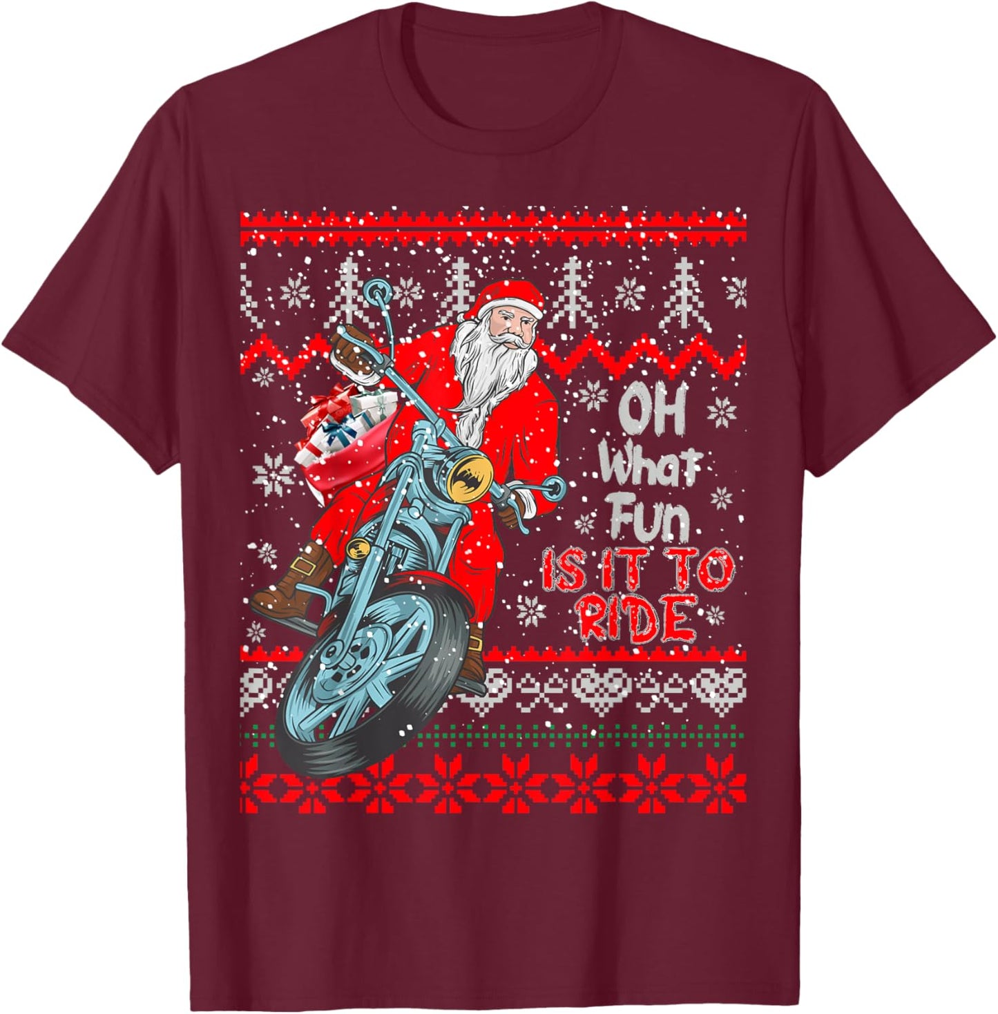 "Biker Santa" Motorcycle Ugly Christmas Sweater T-Shirt - T-Shirt | Maroon