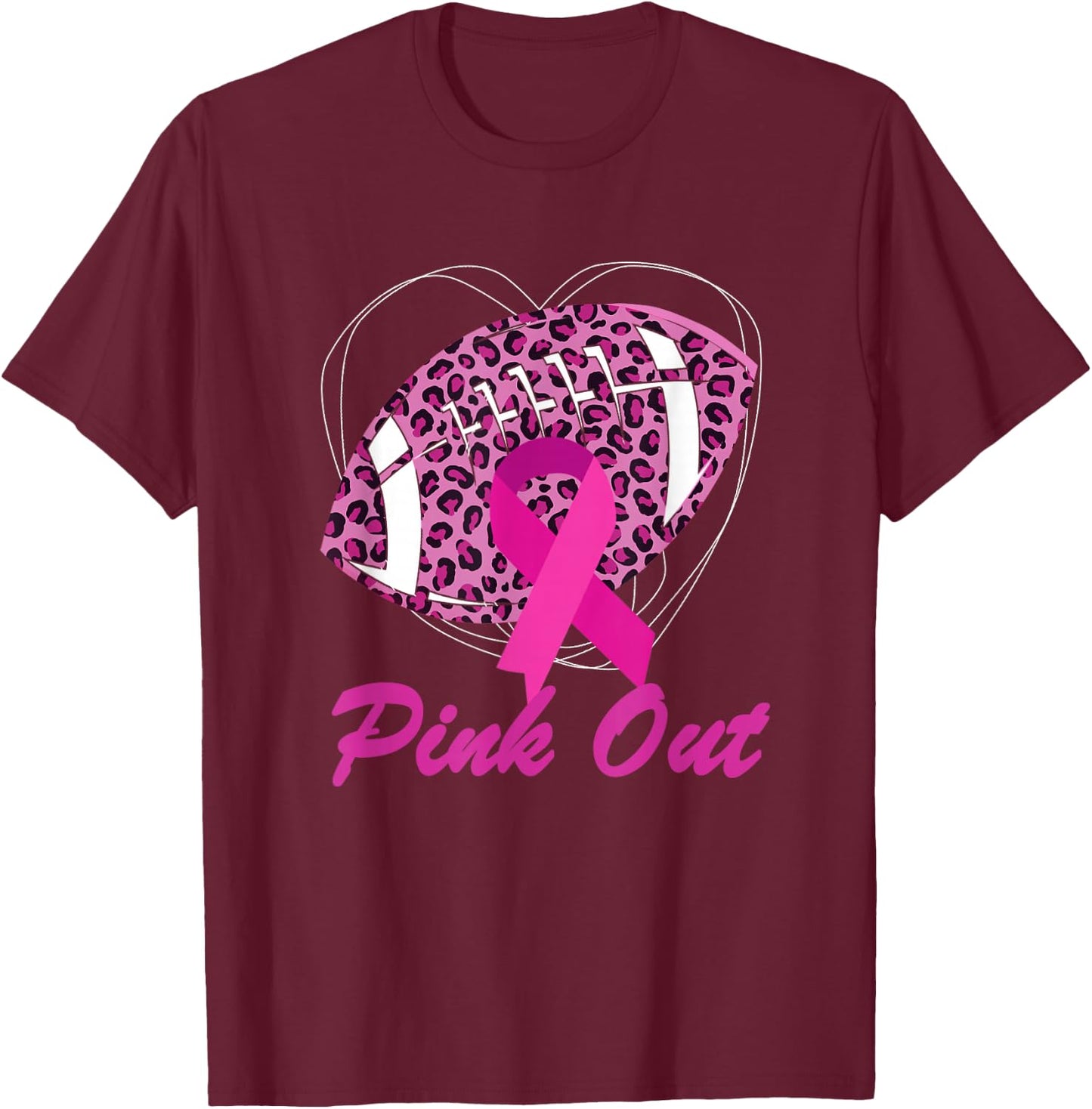 Breast Cancer Ribbon Pink Out Football Pink Ribbon Leopard T-Shirt - T-Shirt | Maroon
