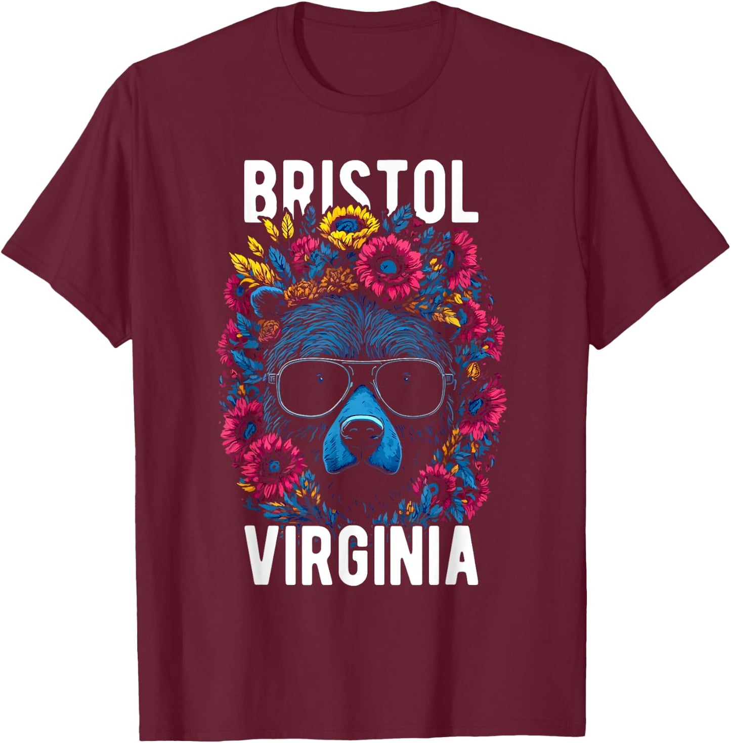 Bristol Virginia USA Bear with Flowers Design T-Shirt - T-Shirt | Maroon