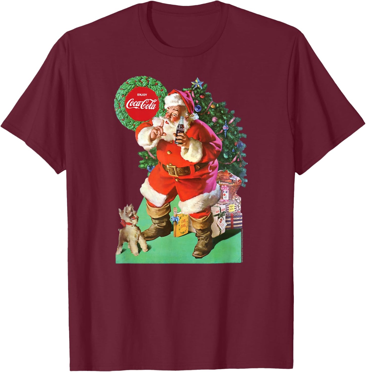 Coca-Cola - Vintage Santa With Dog Men Women T-Shirt - T-Shirt | Maroon