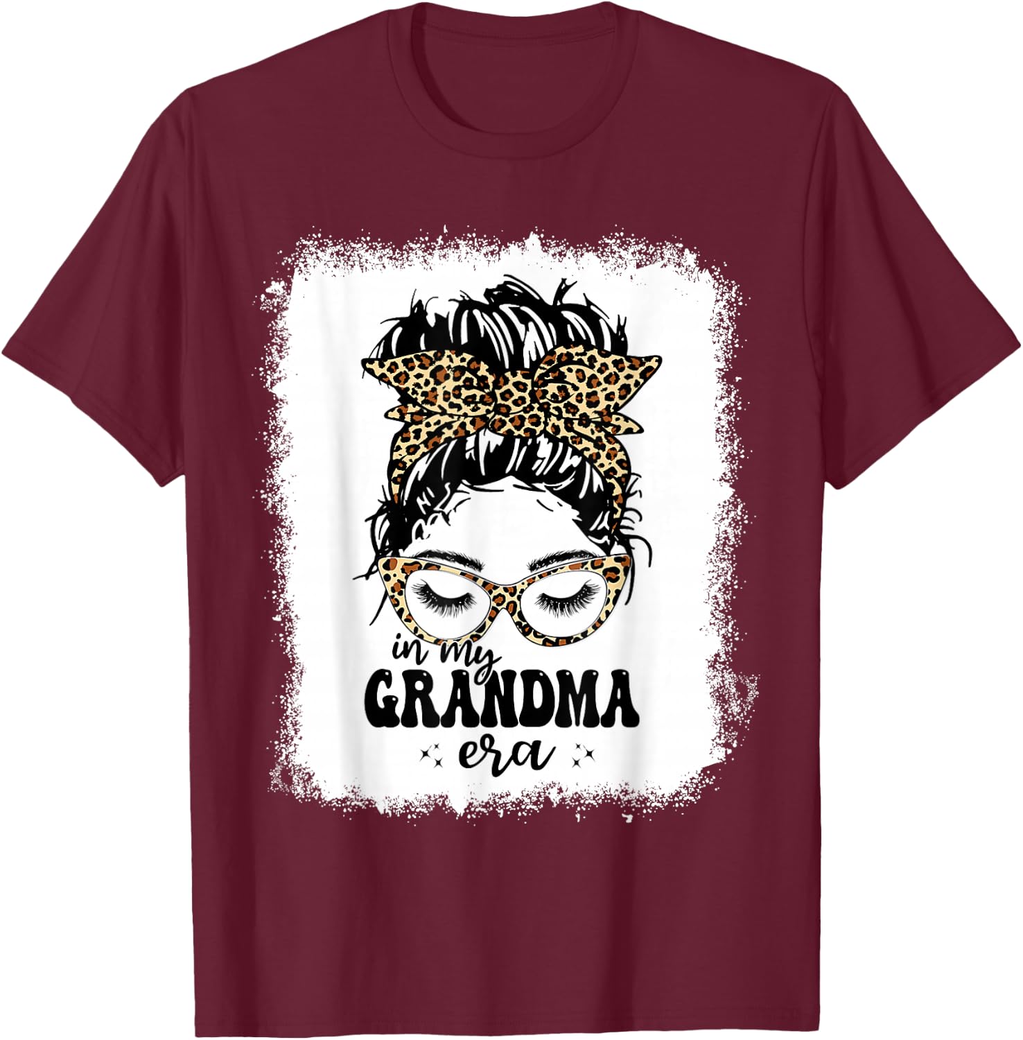 Leopard Messy Bun In My Grandma Era Bleached T-Shirt - T-Shirt | Maroon