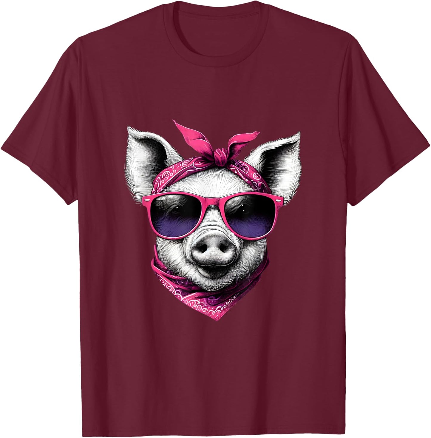 Pig Wearing A Pink Bandana Headband And Sunglasses T-Shirt - T-Shirt | Maroon