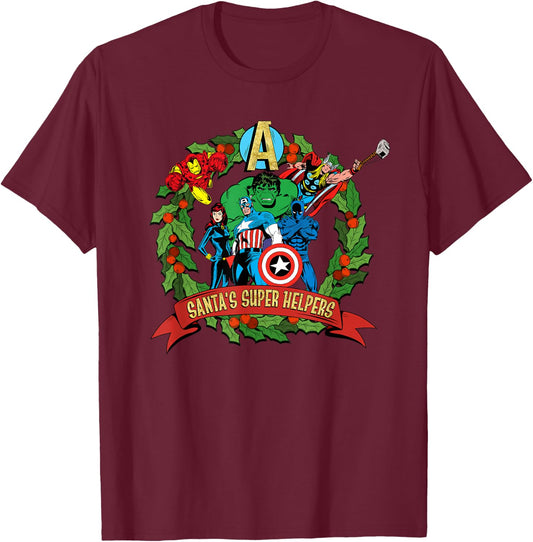 Marvel Avengers Santa’s Super Helpers Wreath Retro Holiday T-Shirt - T-Shirt | Maroon