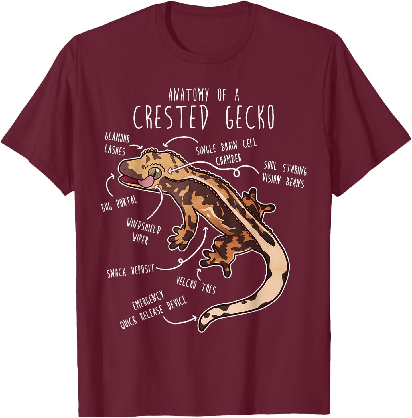 Crested Gecko Lizard Reptile Anatomy, Pet Harelquin Crestie T-Shirt - T-Shirt | Maroon