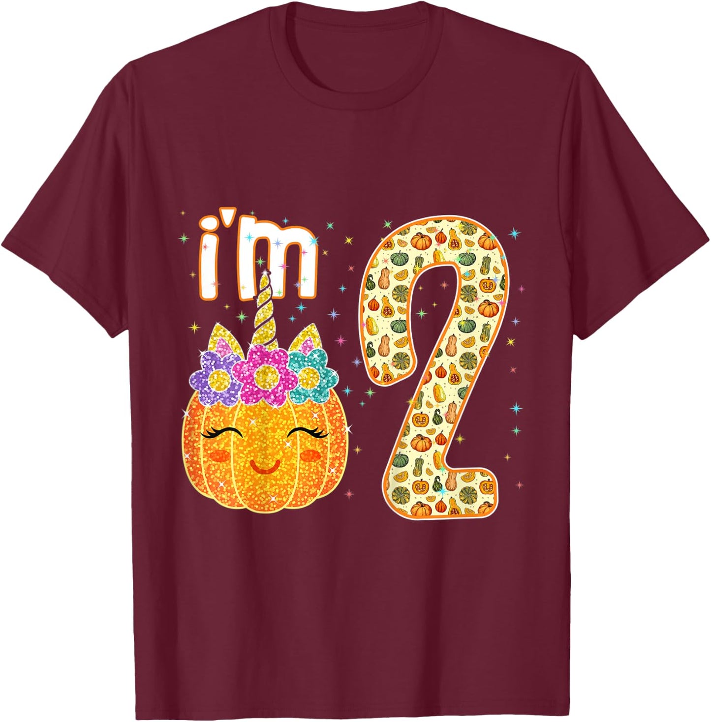 Kids Kids Im 2 Years Old Unicorn Pumpkin Halloween 2nd Birthday T-Shirt - T-Shirt | Maroon