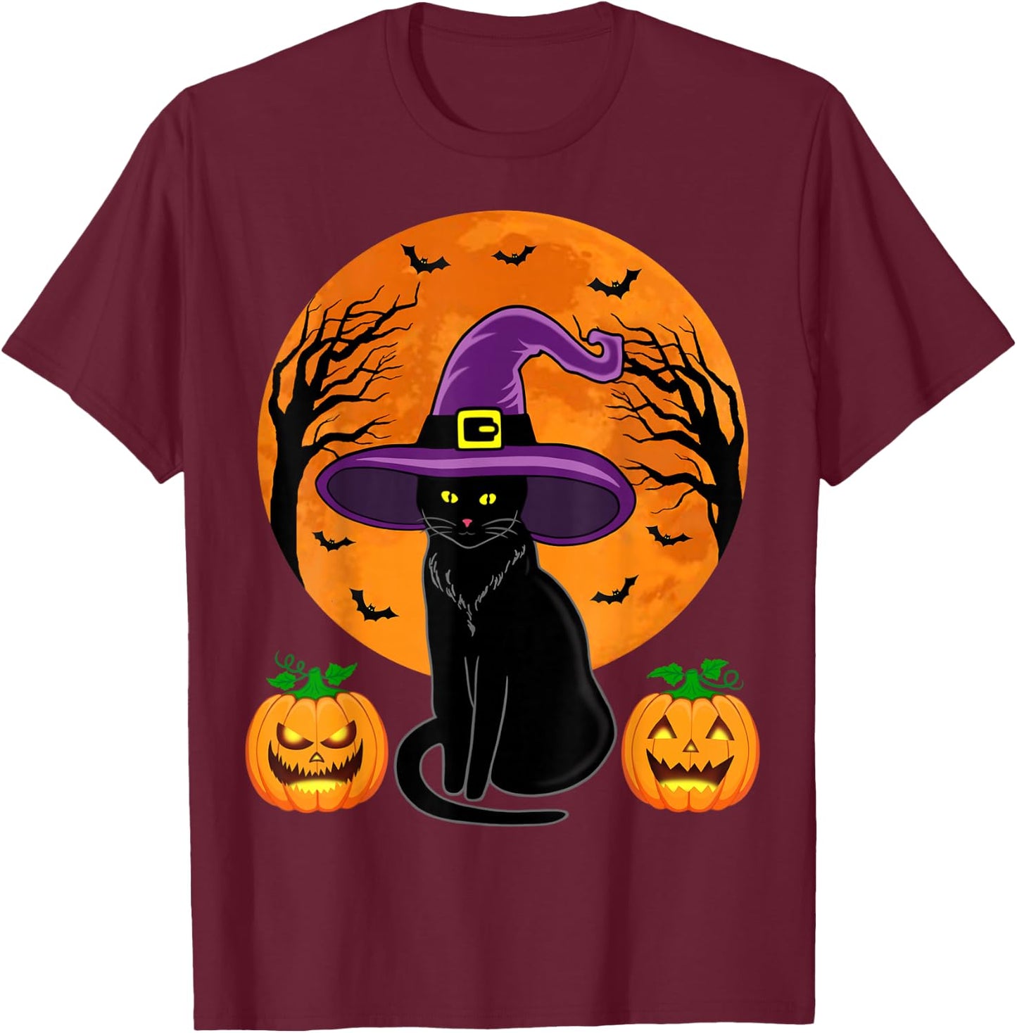 Retro Black Cat Halloween Pumpkin Costume Women Kids Girls T-Shirt - T-Shirt | Maroon