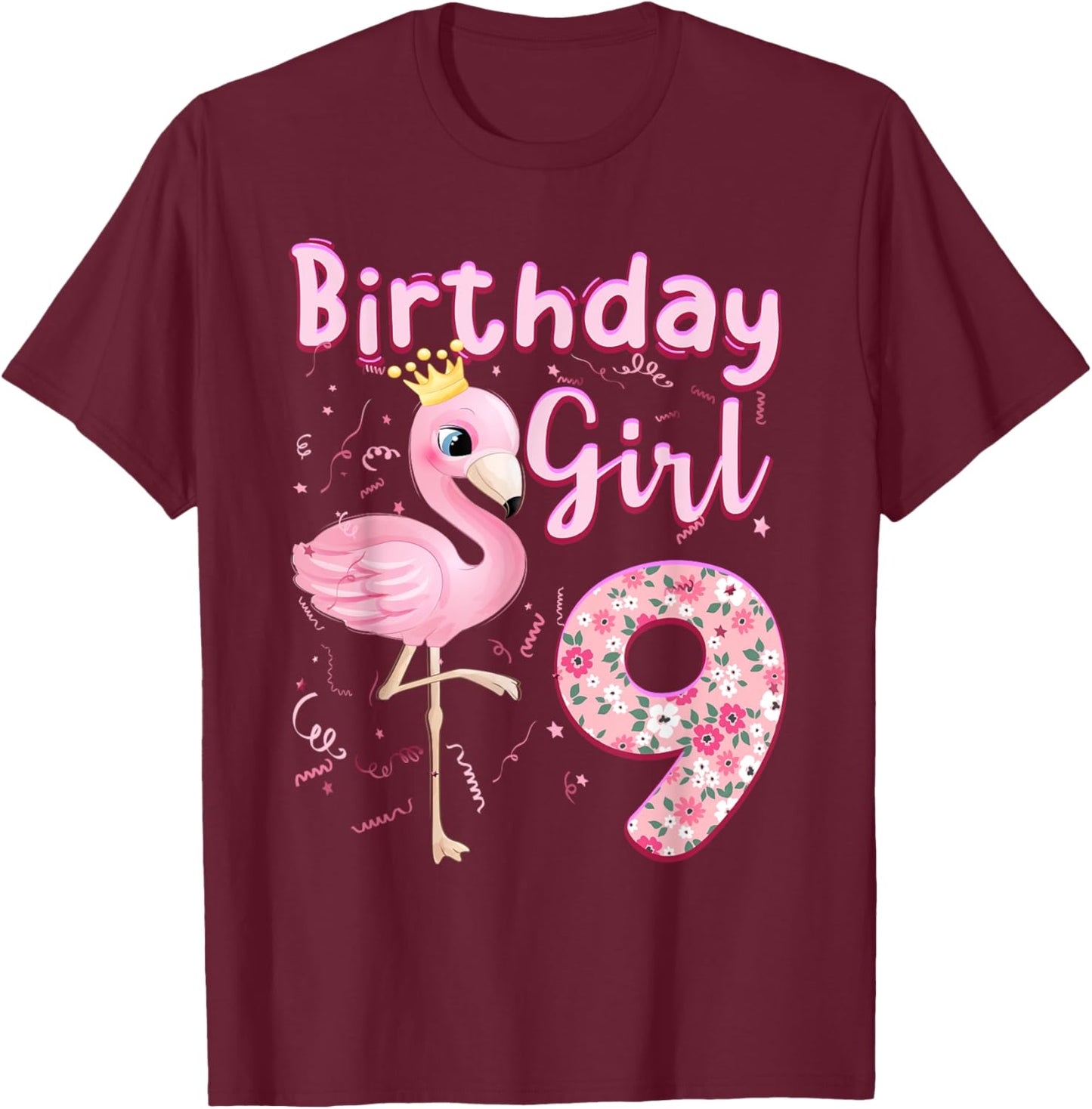 9th Birthday Girls Flamingo 9 Years Old Tropical Flamingo T-Shirt - T-Shirt | Maroon