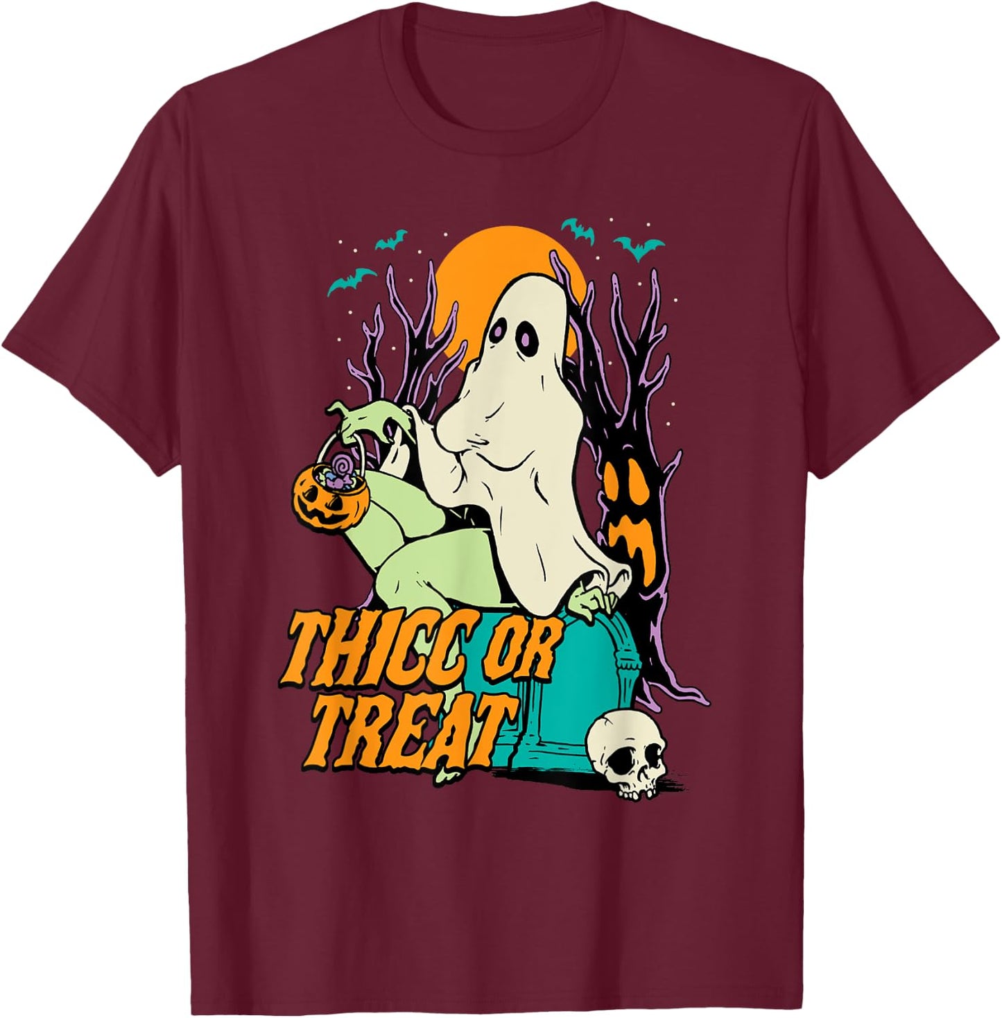 Thicc or Treat Halloween Lady Ghost Sexy Pinup BBW T-Shirt - T-Shirt | Maroon
