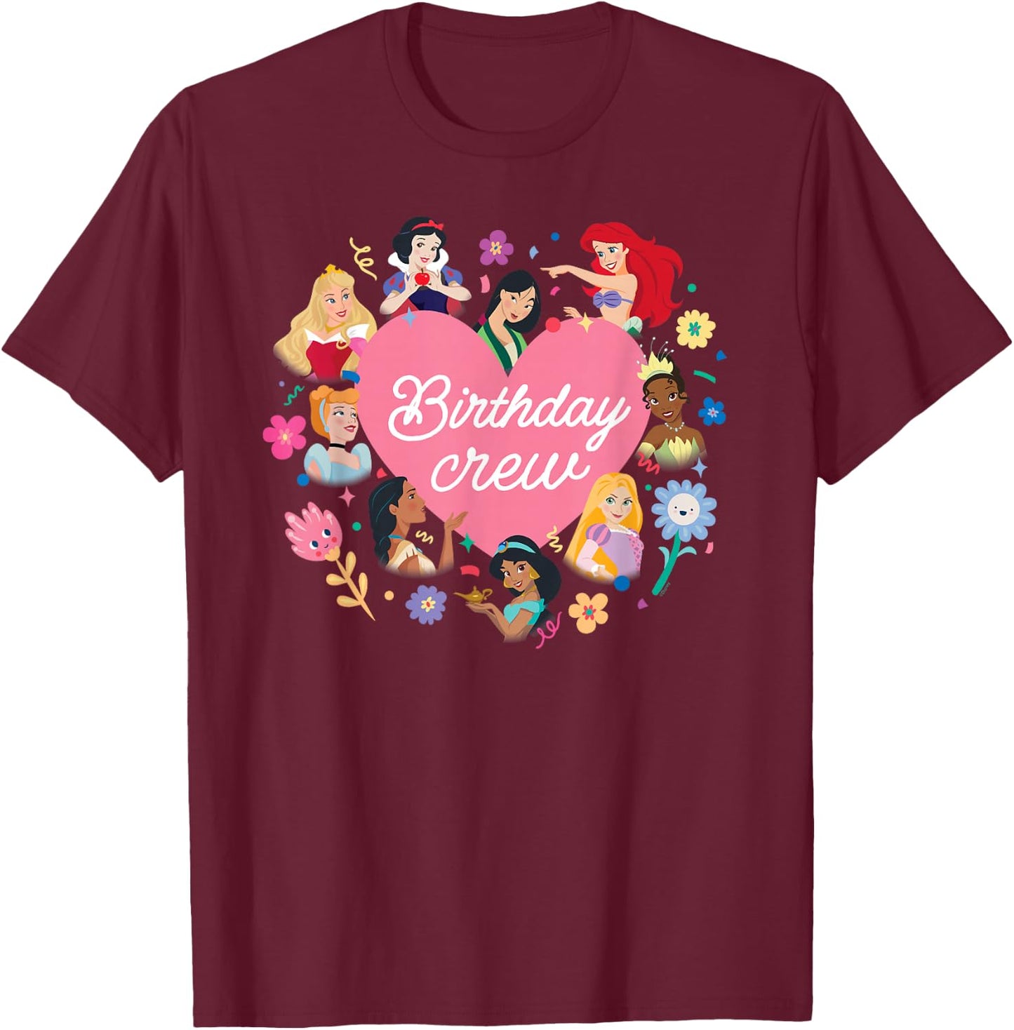 Disney Princess Heart Flowers Friends & Family Birthday Crew T-Shirt - T-Shirt | Maroon