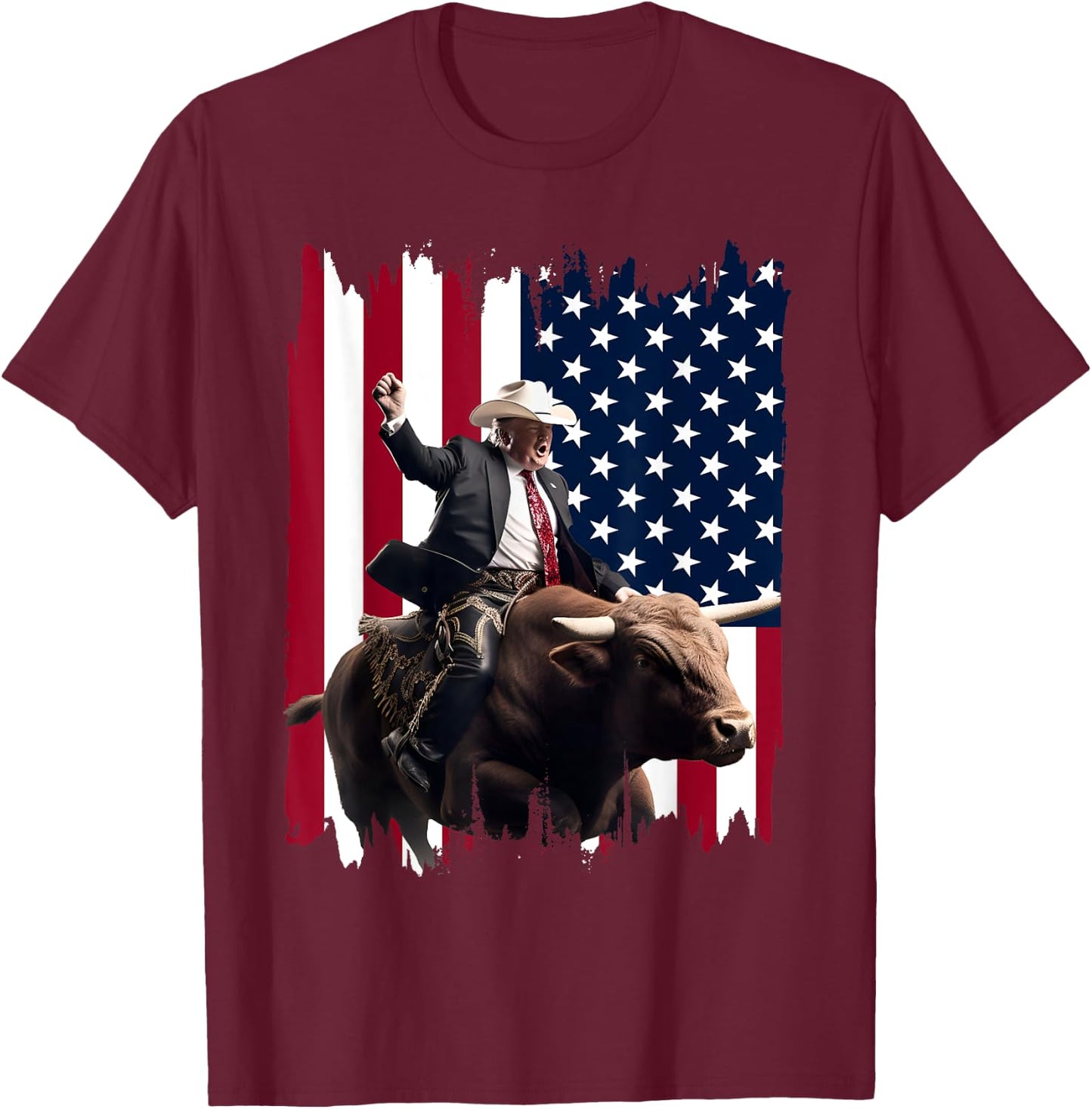 Trump Rodeo Bull Rider Patriotic American Flag 4Th Of July T-Shirt - T-Shirt | Maroon