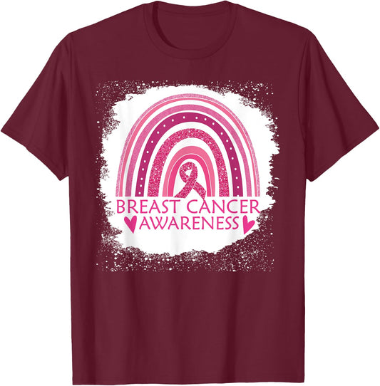 Breast Cancer Awareness Bleached Rainbow Pink Ribbon Women T-Shirt - T-Shirt | Maroon