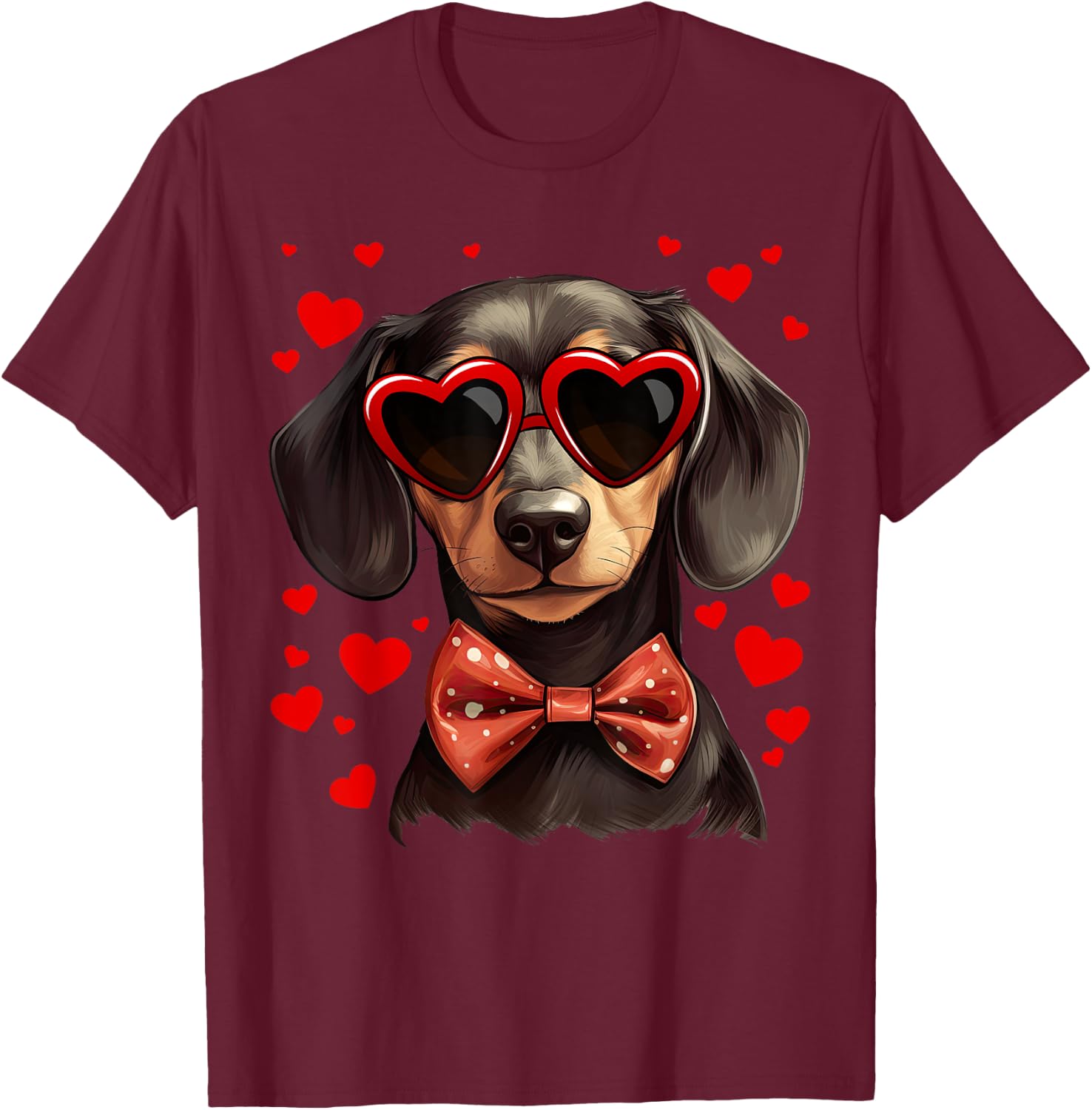 Dachshund Dog Heart Sunglasses Bow Tie Valentine's Day T-Shirt - T-Shirt | Maroon
