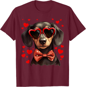 Dachshund Dog Heart Sunglasses Bow Tie Valentine's Day T-Shirt - T-Shirt | Maroon