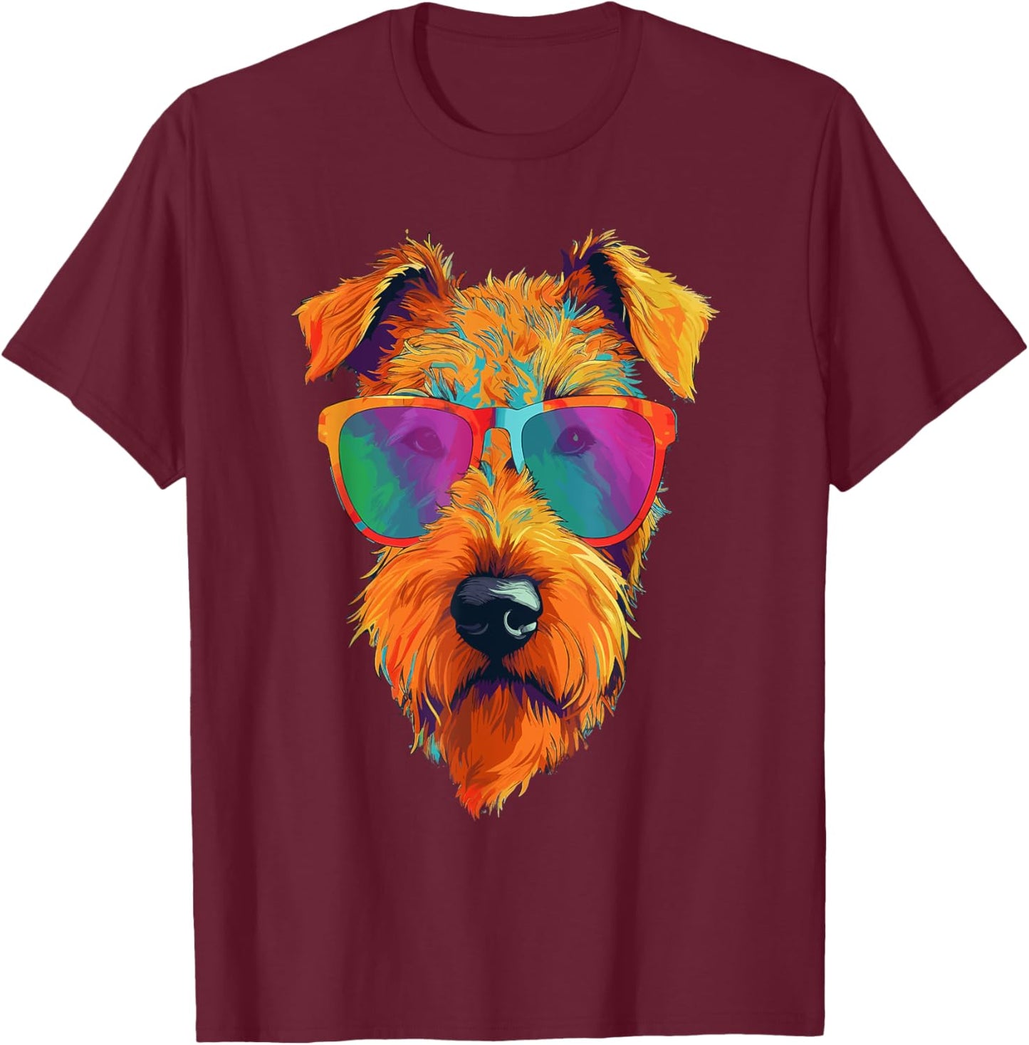 Colorful Pop Art Airedale Terrier Wearing Sunglasses Face T-Shirt - T-Shirt | Maroon