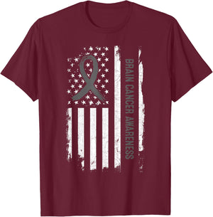 Brain Cancer Awareness American Flag - Gray Ribbon T-Shirt - T-Shirt | Maroon