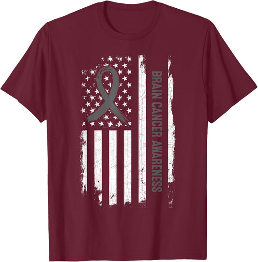 Brain Cancer Awareness American Flag - Gray Ribbon T-Shirt - T-Shirt | Maroon