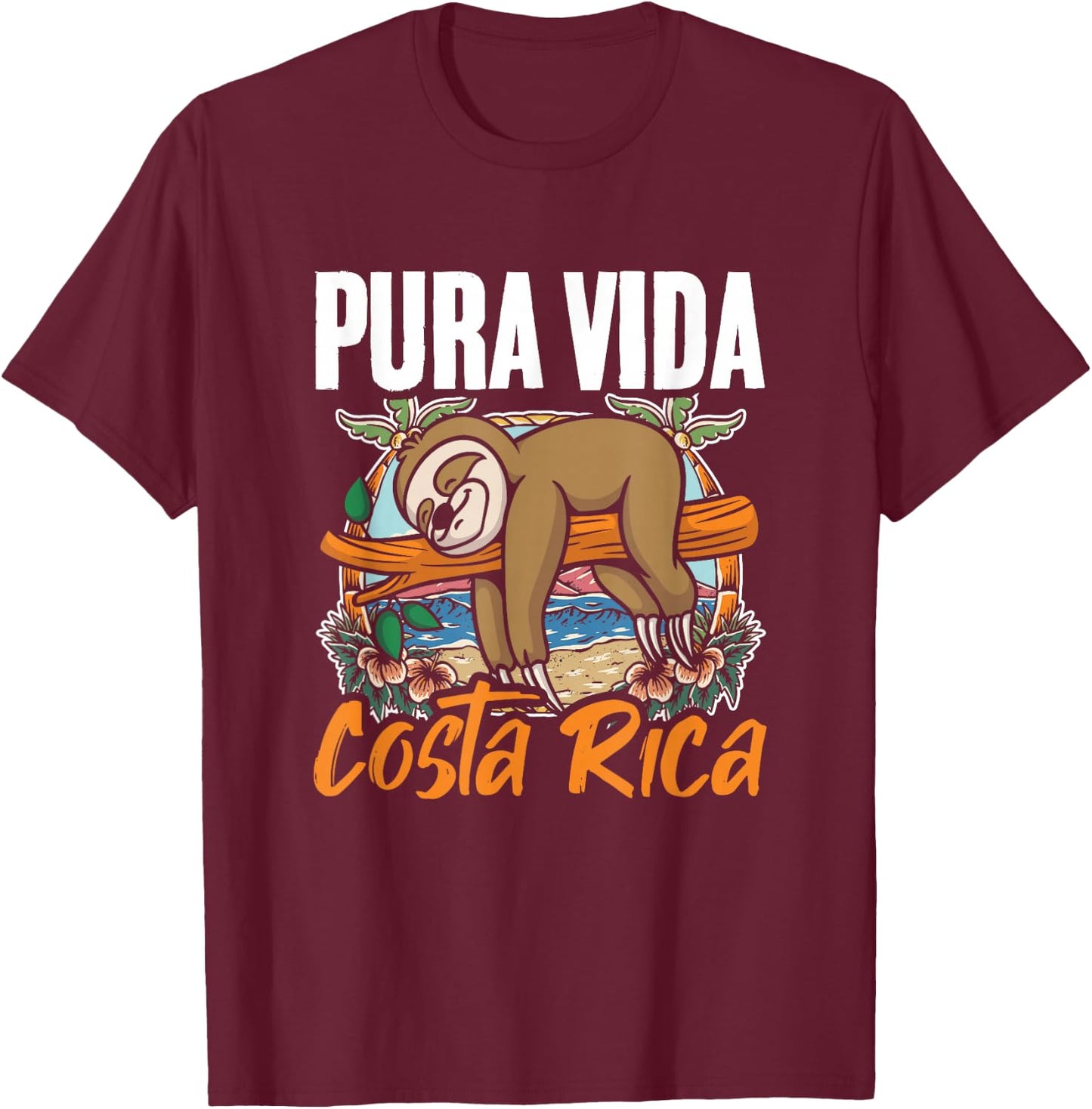 Sloth Beach Vacation Tropical Sloths Pura Vida Costa Rica T-Shirt - T-Shirt | Maroon