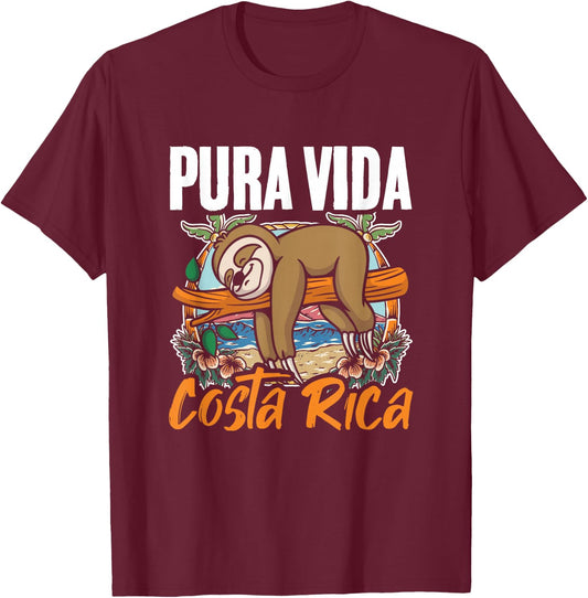 Sloth Beach Vacation Tropical Sloths Pura Vida Costa Rica T-Shirt - T-Shirt | Maroon