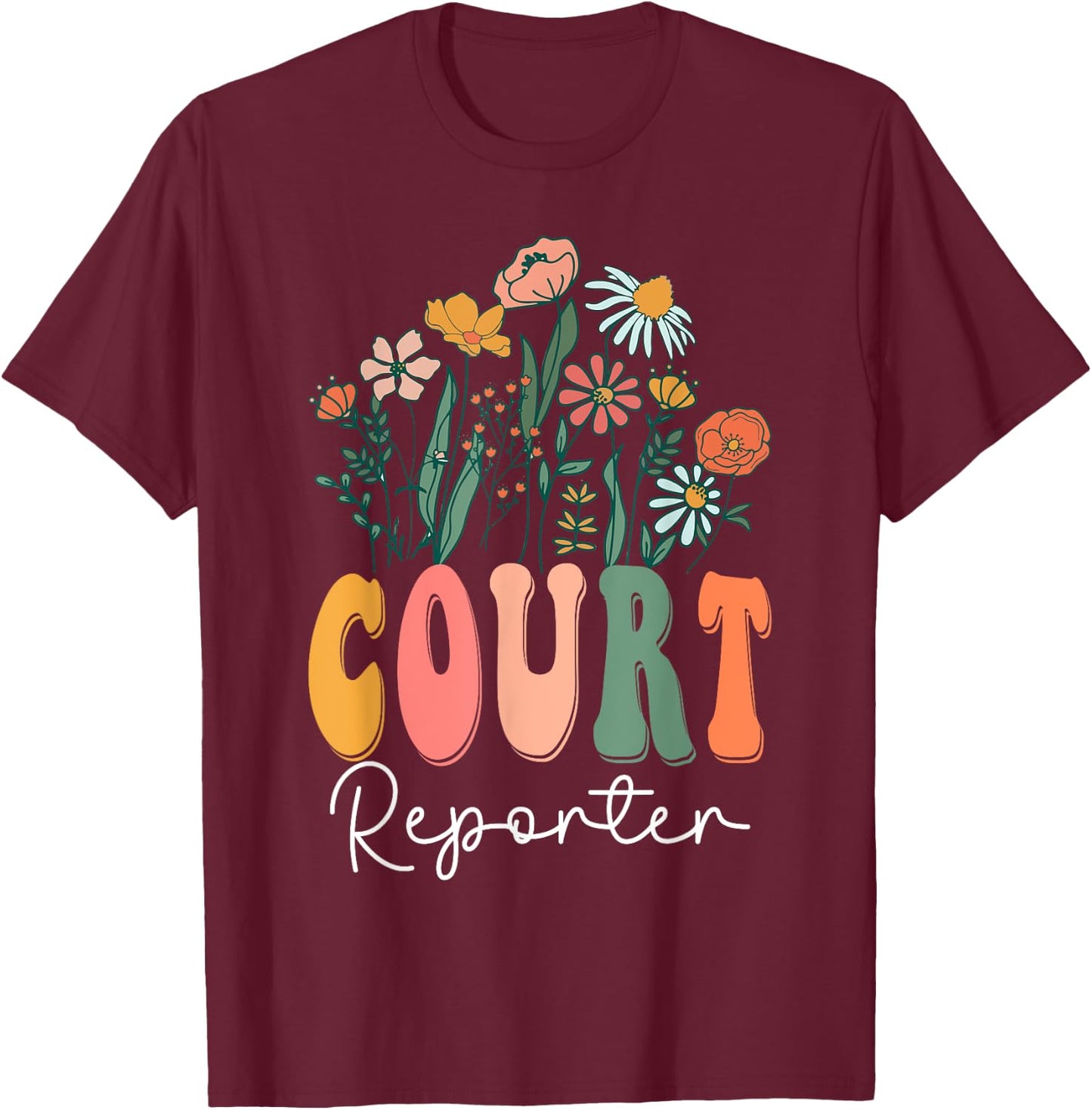 Retro Groovy floral Court Reporter Wildflower T-Shirt - T-Shirt | Maroon