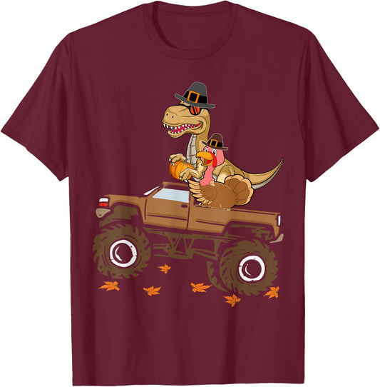 Happy Thanksgiving dinosaur Turkey Riding truck kids boys T-Shirt - T-Shirt | Maroon