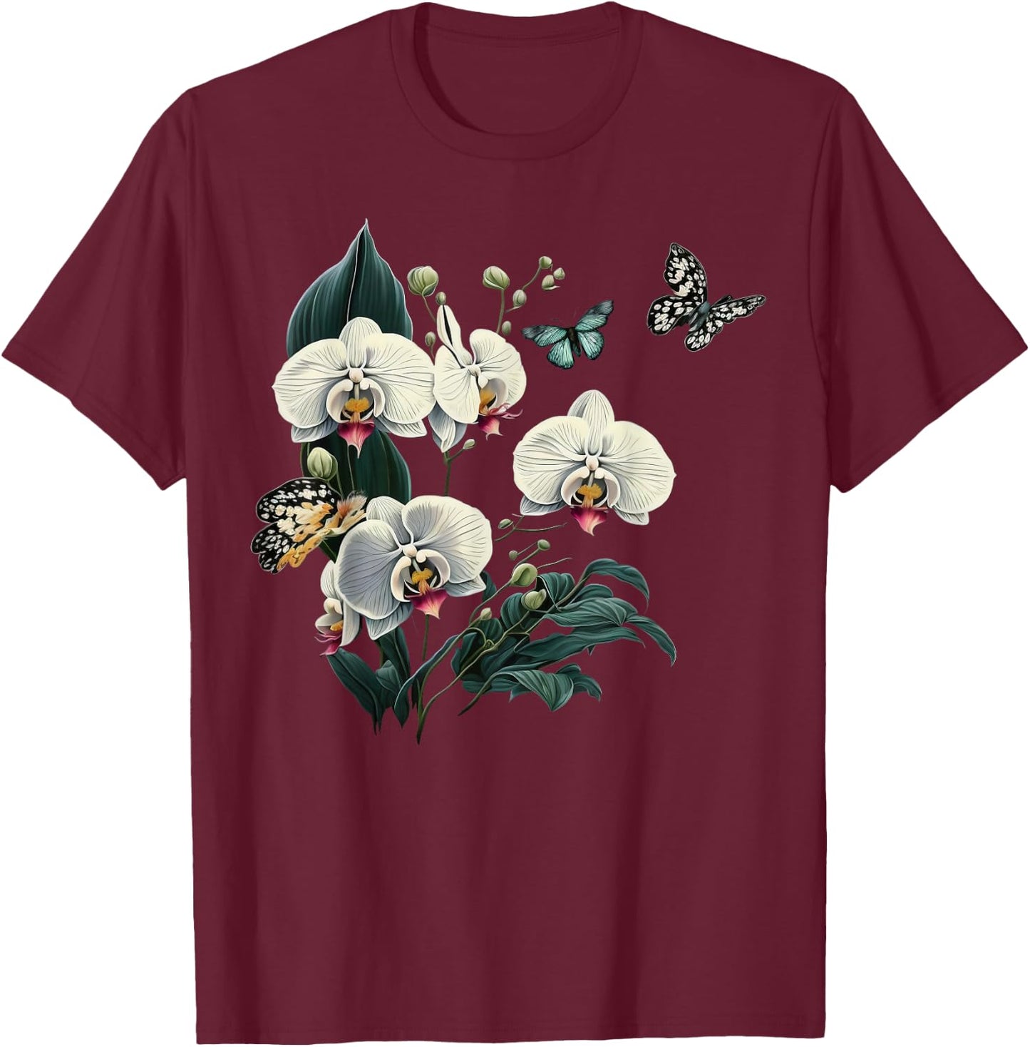 Beautiful Butterfly Orchids on Boho Orchid T-Shirt - T-Shirt | Maroon