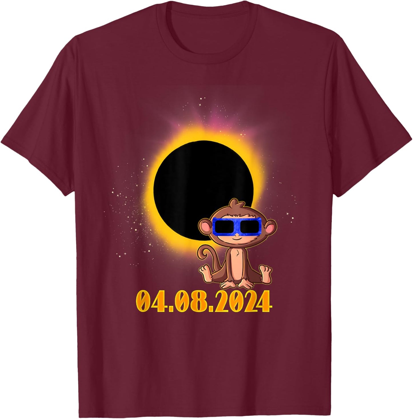 Solar Eclipse 2024 Monkey with Solar Eclipse Glasses T-Shirt - T-Shirt | Maroon