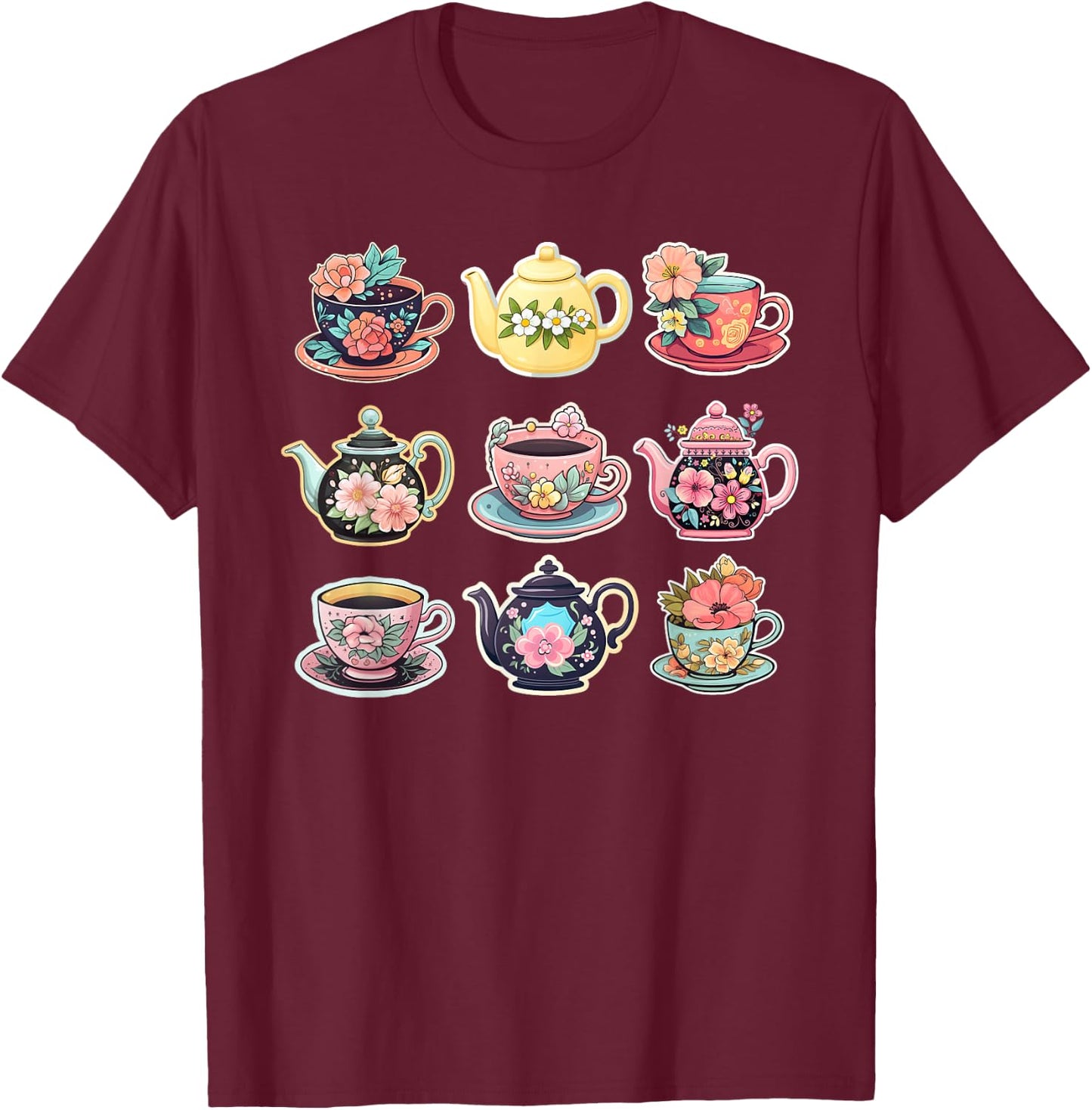 Teapot and Tea Cups With Flowers T-Shirt - T-Shirt | Maroon