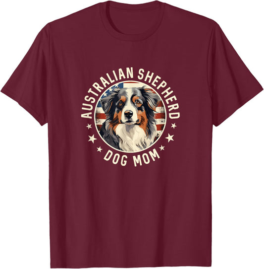 Aussie Dog American Flag, Australian Shepherd Dog Mom T-Shirt - T-Shirt | Maroon
