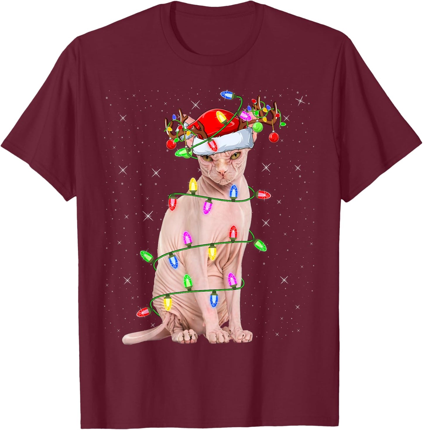 Sphynx Cat Lover Xmas Lighting Santa Sphynx Cat Christmas T-Shirt - T-Shirt | Maroon