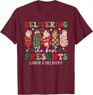 Delivering The Best Presents Labor Delivery Nurse Christmas T-Shirt - T-Shirt | Maroon