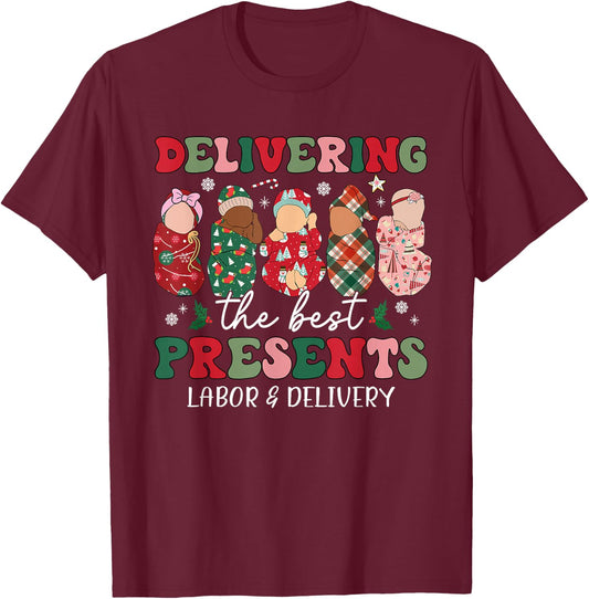 Delivering The Best Presents Labor Delivery Nurse Christmas T-Shirt - T-Shirt | Maroon