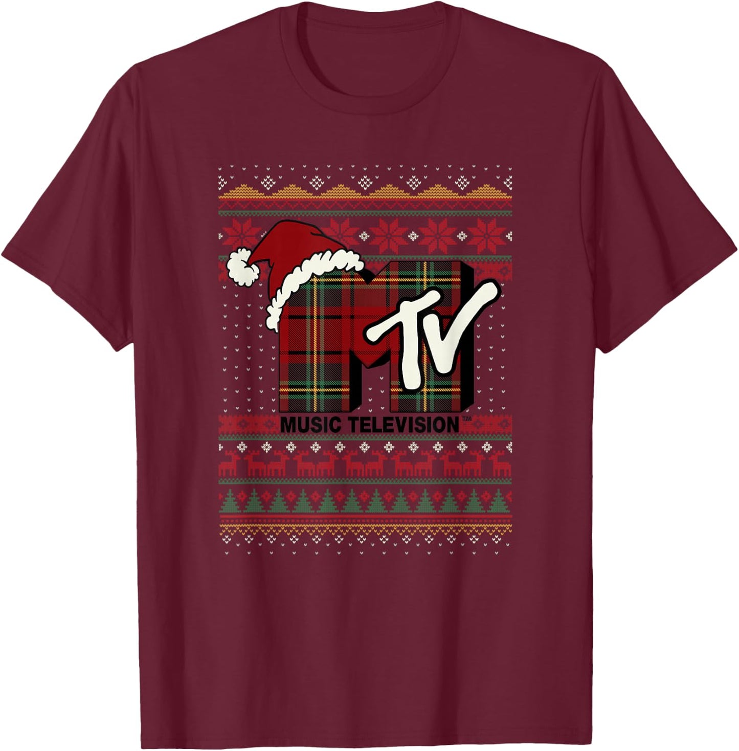 MTV Christmas Plaid Ugly Sweater Logo T-Shirt - T-Shirt | Maroon